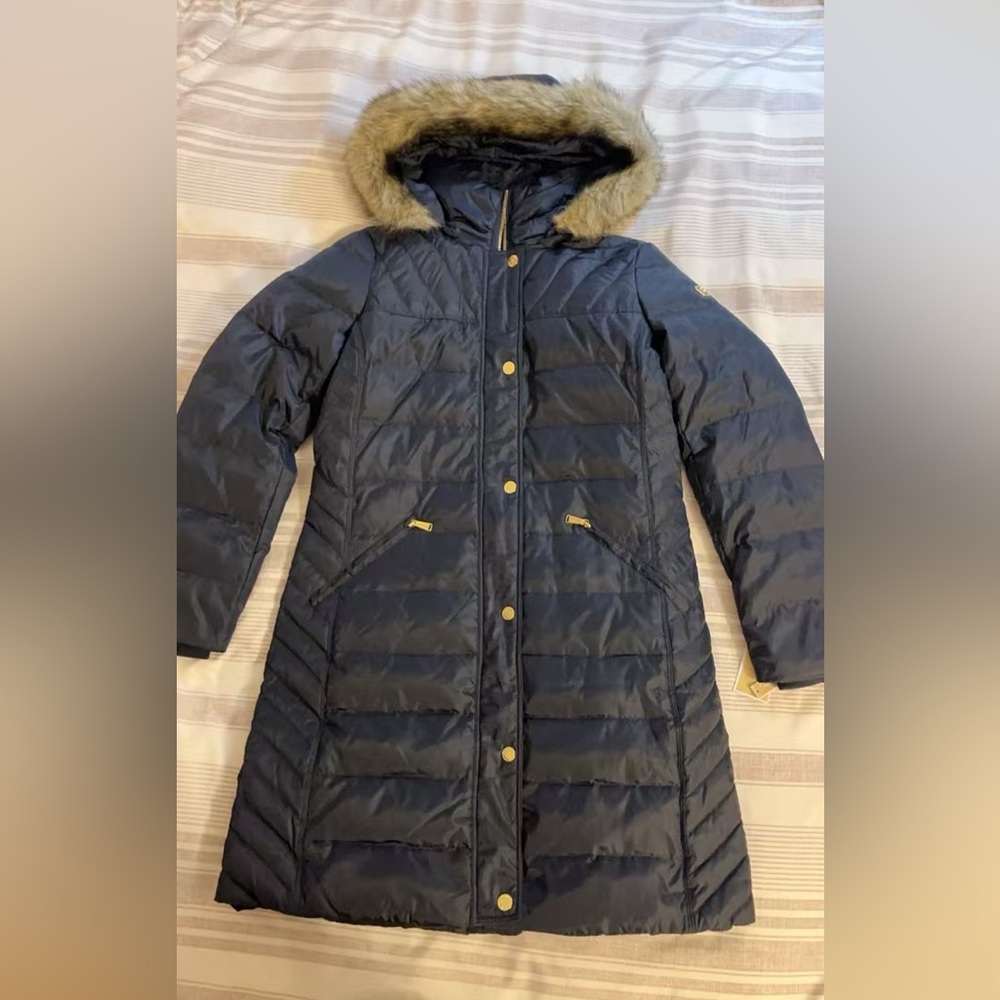 Michael Kors Navy Down Quilted Coat with Faux Fur Hood - Picture 1 of 16